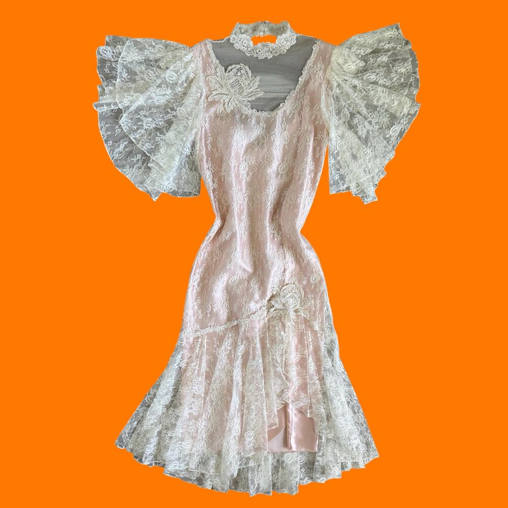 80's vintage romantic pink lace party prom dress coquette bridal S/M